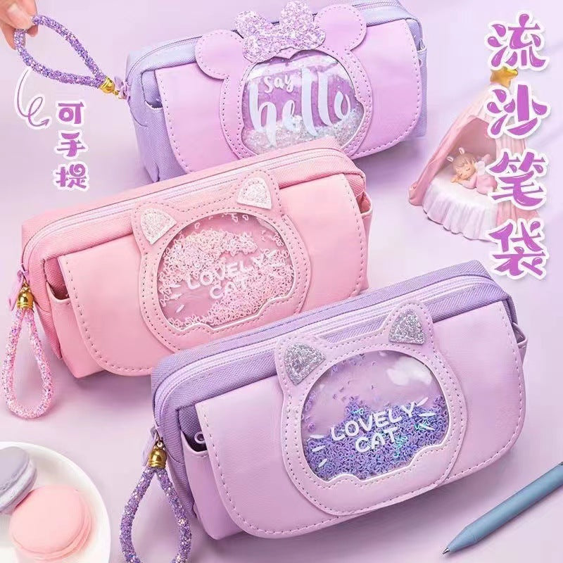 A quicksand cute stationery bag multi-functional stationery box large-capacity pencil case high-value pencil case girl's heart stationery bag