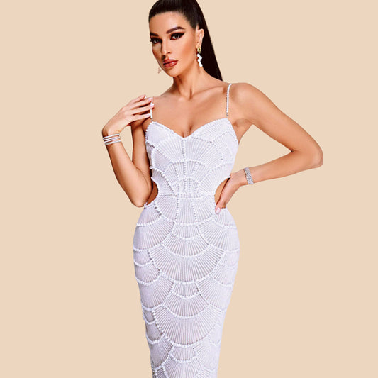 Un exquisito vestido de tirantes calados sexy con cuentas de lentejuelas transfronterizas de comercio exterior Vestido de cena para fiesta de cumpleaños de celebridades 