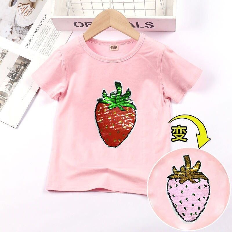 Camiseta de manga corta para niños, ropa para niñas pequeñas, camiseta de verano con lentejuelas que cambian de color, camiseta de media manga suelta extranjera, envío directo de una pieza 