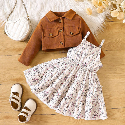 Cross-border INS Infant Girl Spring and Autumn Floral Suspenders Pleated Dress Lapel Long Sleeve Small Jacket Tide 0.25kg