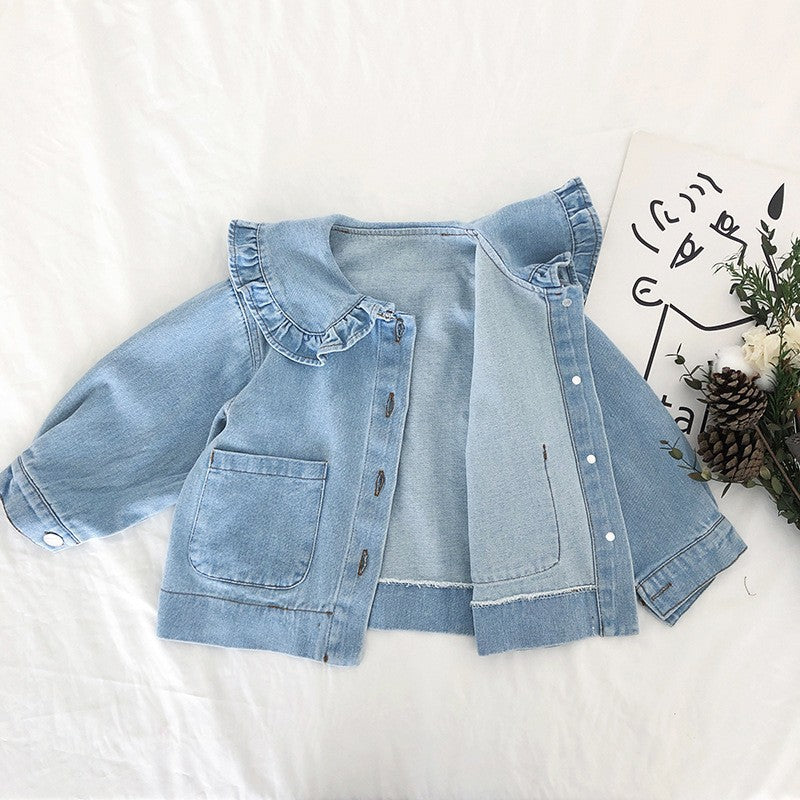 Girls' denim jacket spring outfit new children's long sleeved lace lapel short casual top 0.2kg