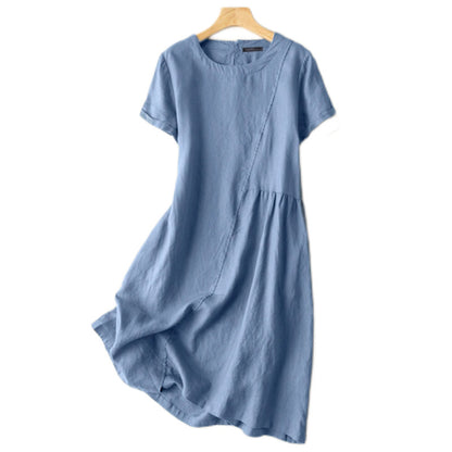 Plus size women's cross-border summer European and American style literary retro solid color loose short-sleeved dress for women