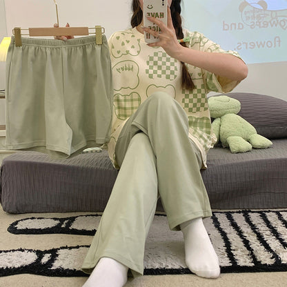 A pajamas women's three-piece set of pure cotton summer short-sleeved trousers cartoon cute can be worn outside 2024 new loungewear summer