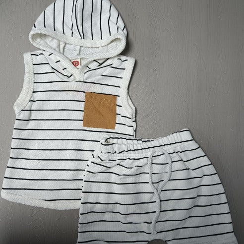 Children's sleeveless hooded striped printed vest top+summer casual drawstring shorts 2-piece set of 0.25kg