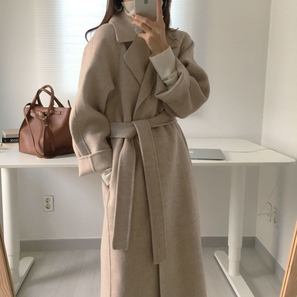 A Spot women's woolen coat Korean version salt fried street suit collar loose tie autumn and winter extended double-sided woolen coat