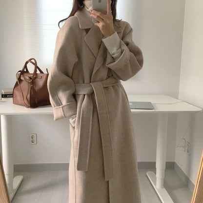 A Spot women's woolen coat Korean version salt fried street suit collar loose tie autumn and winter extended double-sided woolen coat