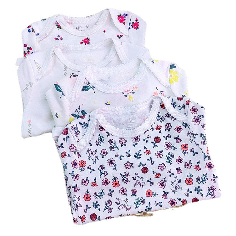 Ropa de una pieza de manga corta de verano para recién nacidos, para bebés y niños pequeños, bolsa triangular de algodón, ropa floral con pedos para niños y niñas al por mayor 