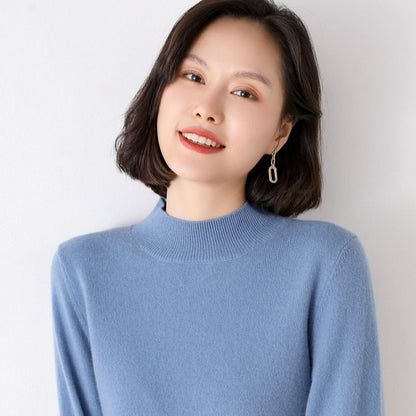 A Autumn and winter semi-turtleneck pullover wool sweater women's loose full-color short fleece sweater long-sleeved inner knitted bottoming shirt