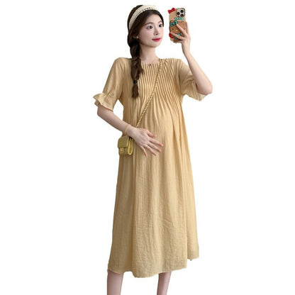 A maternity clothing summer medium and long dress short sleeve pleated gentle loose temperament thin and white maternity Tencel skirt