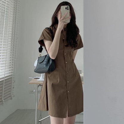 A Korean chic summer simple temperament lapel single-breasted waist thin short-sleeved shirt-style small dress