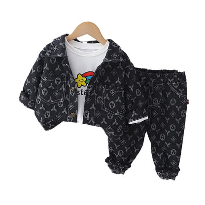 A boys' suit children's spring and autumn clothing 2024 new medium and small children's baby full-printed denim three-piece set boy Korean version tide