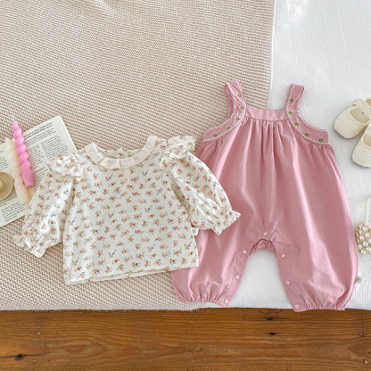 A Baby one-piece bib pants girl one-piece crawler suit floral shirt set baby foreign style outing two-piece set