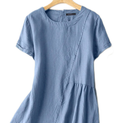 Plus size women's cross-border summer European and American style literary retro solid color loose short-sleeved dress for women