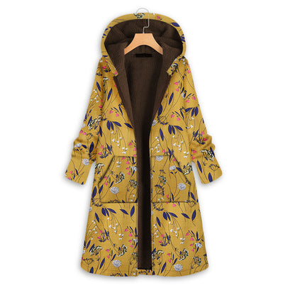 Autumn and winter thickened printed hooded slim long cotton coat warm jacket