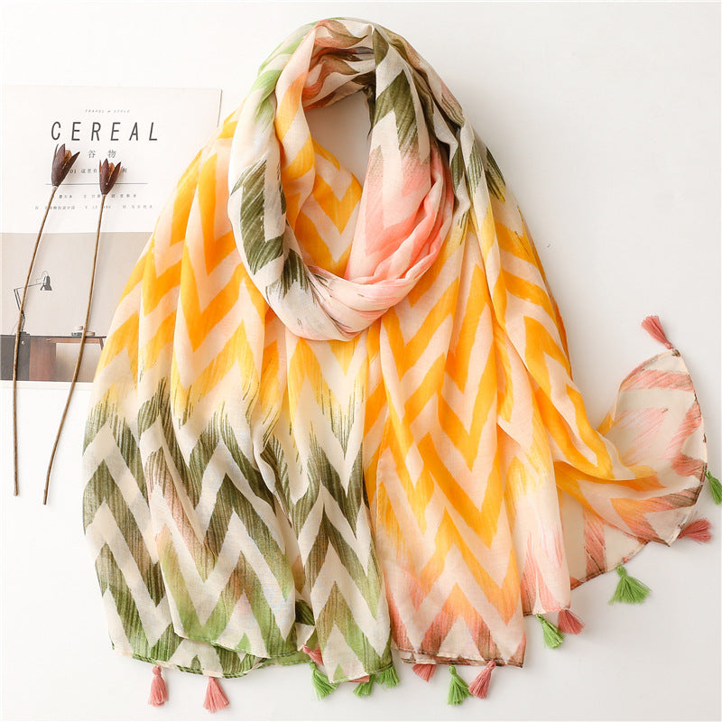 A Yitao Scarf Creative Ethnic Style Cotton and Hemp Hand Feel Scarf Women's Orange Wheat tassel Tourist Beach Scarf Shawl