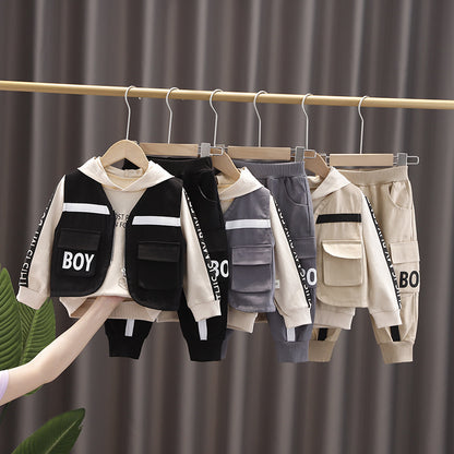 A children's clothing boys spring and autumn long-sleeved set baby 1-4 years old vest cardigan overalls three-piece set manufacturer wholesale 2