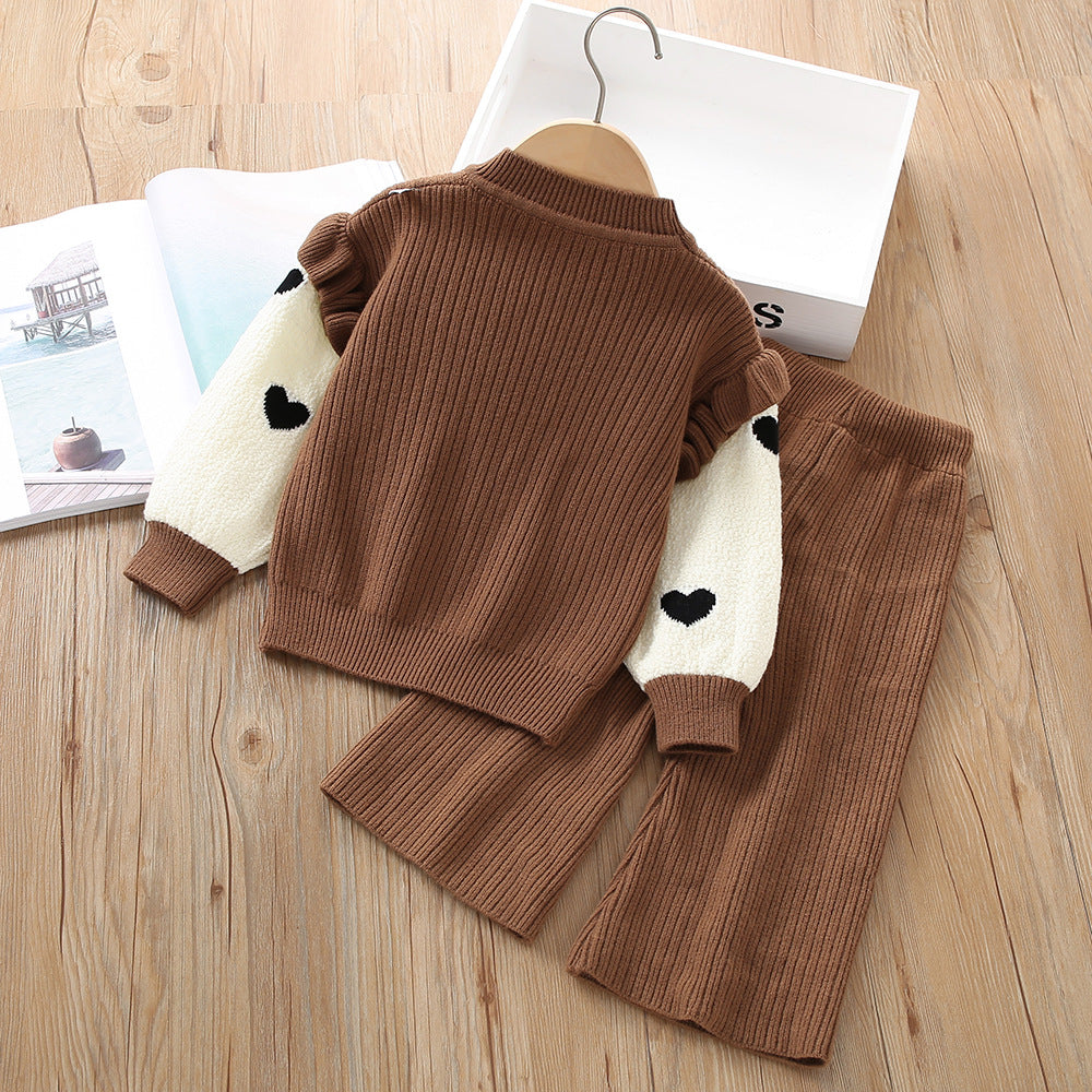 A girls sweater set autumn new Korean version fashionable little girl knitted fake two-piece long-sleeved two-piece pants