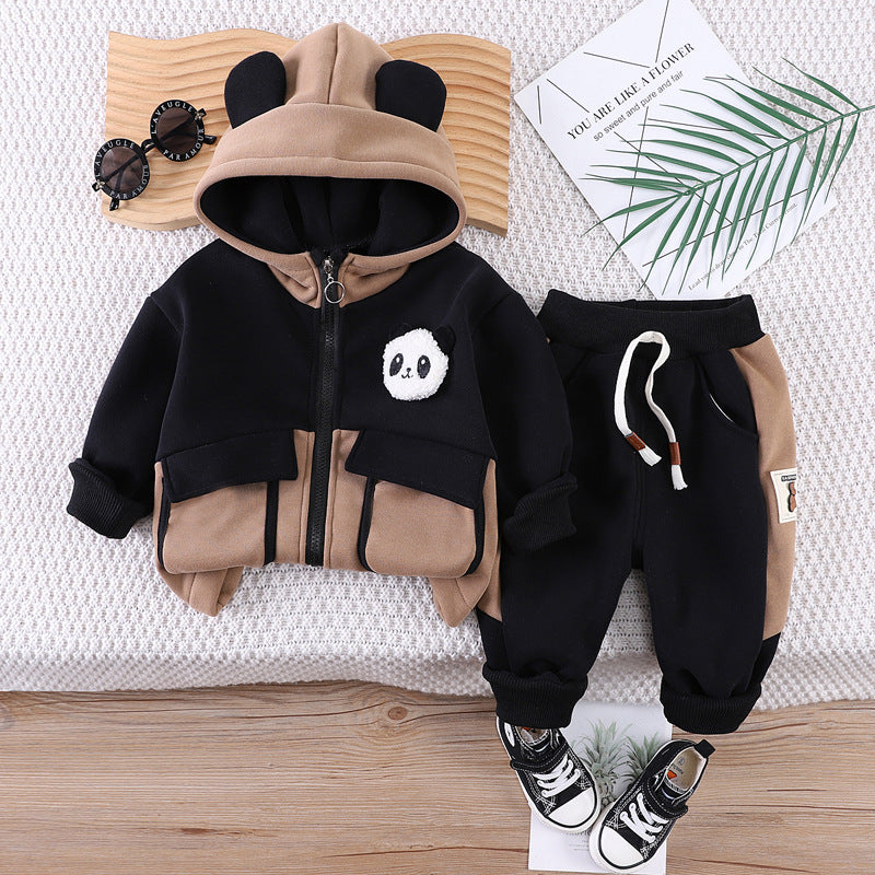 A Winter fleece thickened casual hooded cartoon sweater color matching trousers two-piece set one-year-old boy baby autumn and winter clothing