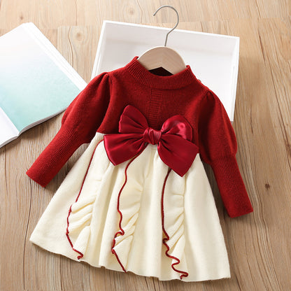 A girls sweater set autumn and winter new Korean version of foreign style bow knitted pullover cute children's doll skirt