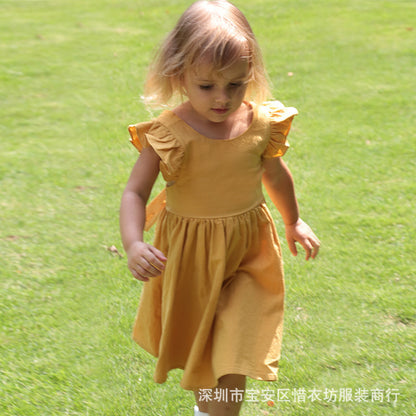 European and American style summer dress for girls, cotton and linen thin style for girls, flying sleeves, solid color backless skirt, 0.05kg