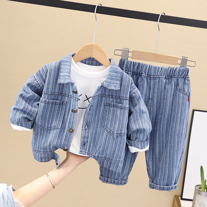 Boy's Spring Suit Baby Tide Spring Children's Clothes Boy's Spring and Autumn Vertical Strip Smiley Denim Three-piece Set for Babies and Children 0.3kg