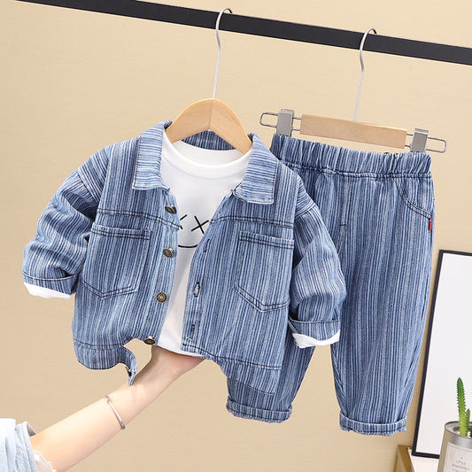 Boy's Spring Suit Baby Tide Spring Children's Clothes Boy's Spring and Autumn Vertical Strip Smiley Denim Three-piece Set for Babies and Children 0.3kg