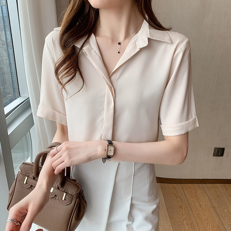 A short-sleeved semi-open neck chiffon shirt women's 2024 Korean version shirt design sense niche loose large size casual top summer