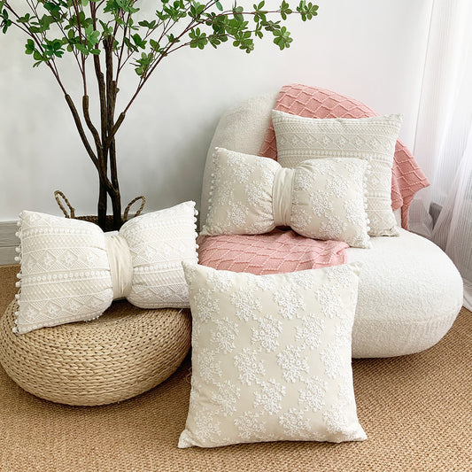 A French light luxury mesh lace throw pillow ins cotton and linen floral sofa throw pillow cushion cover dual-purpose bow waist pillow