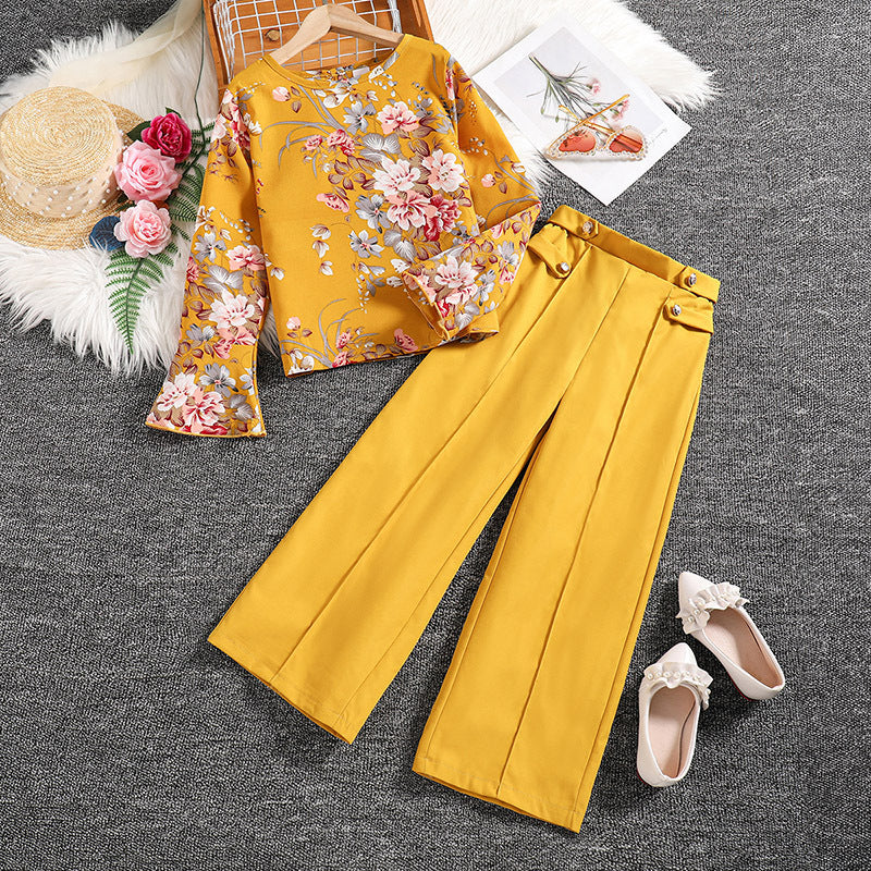 popular girls' suit,  spring new children's clothing printing, long-sleeved top, trousers, foreign trade children's clothing, 0.18kg