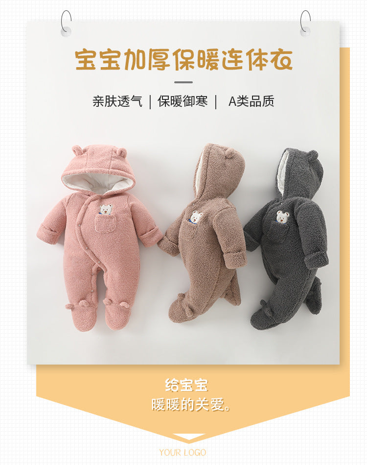 A baby thickened teddy fleece onesie baby bag hands and feet warm Romper winter out climbing clothes