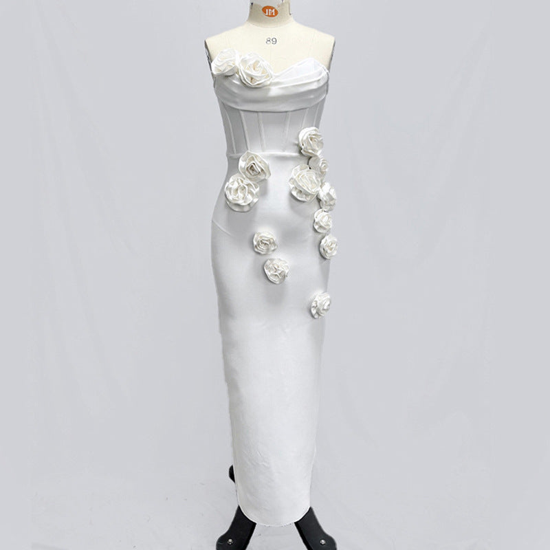 A European and American cross-border new tube top three-dimensional flower bandage skirt, personalized, fashionable and simple white party dress