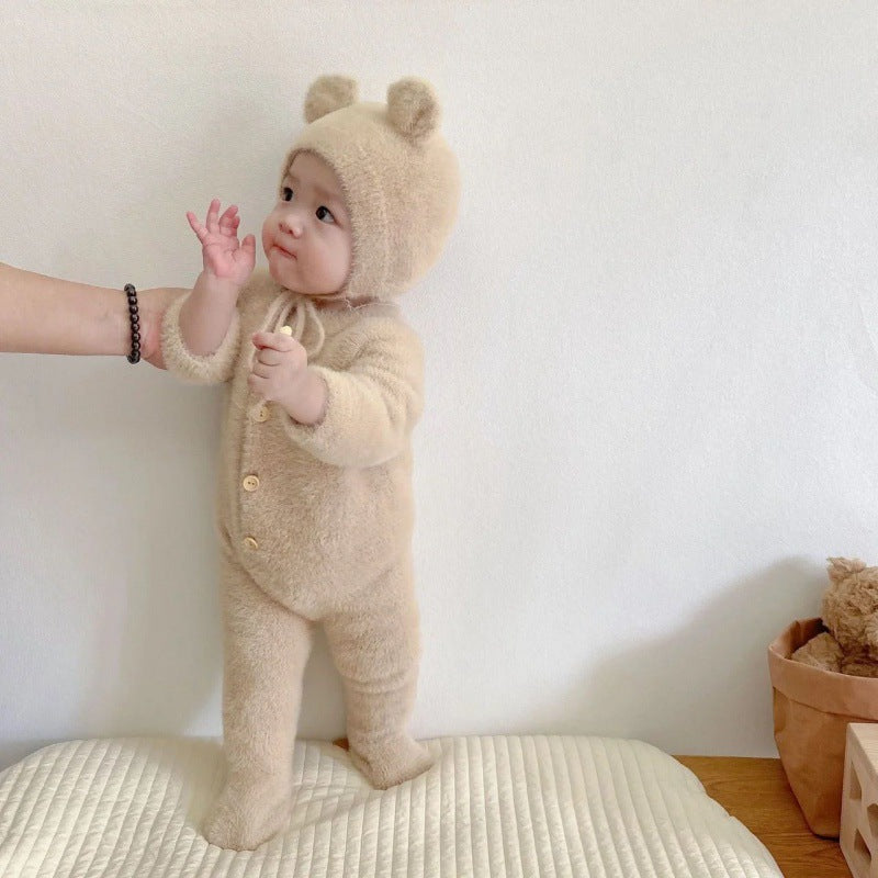 A baby clothes autumn and winter onesies boys and girls babies cute super cute mink hair foot-wrapped Romper clothes go out climbing clothes