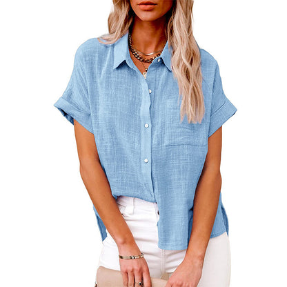 A Amazon wish summer new European and American cross-border women's clothing solid color linen shirt short sleeve casual loose shirt