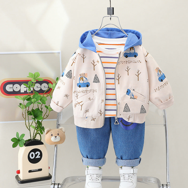 Small and medium-sized children's clothing forest car three piece set internet celebrity set baby hooded baby clothes moisture 0.5kg