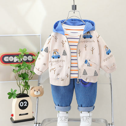 Small and medium-sized children's clothing forest car three piece set internet celebrity set baby hooded baby clothes moisture 0.5kg