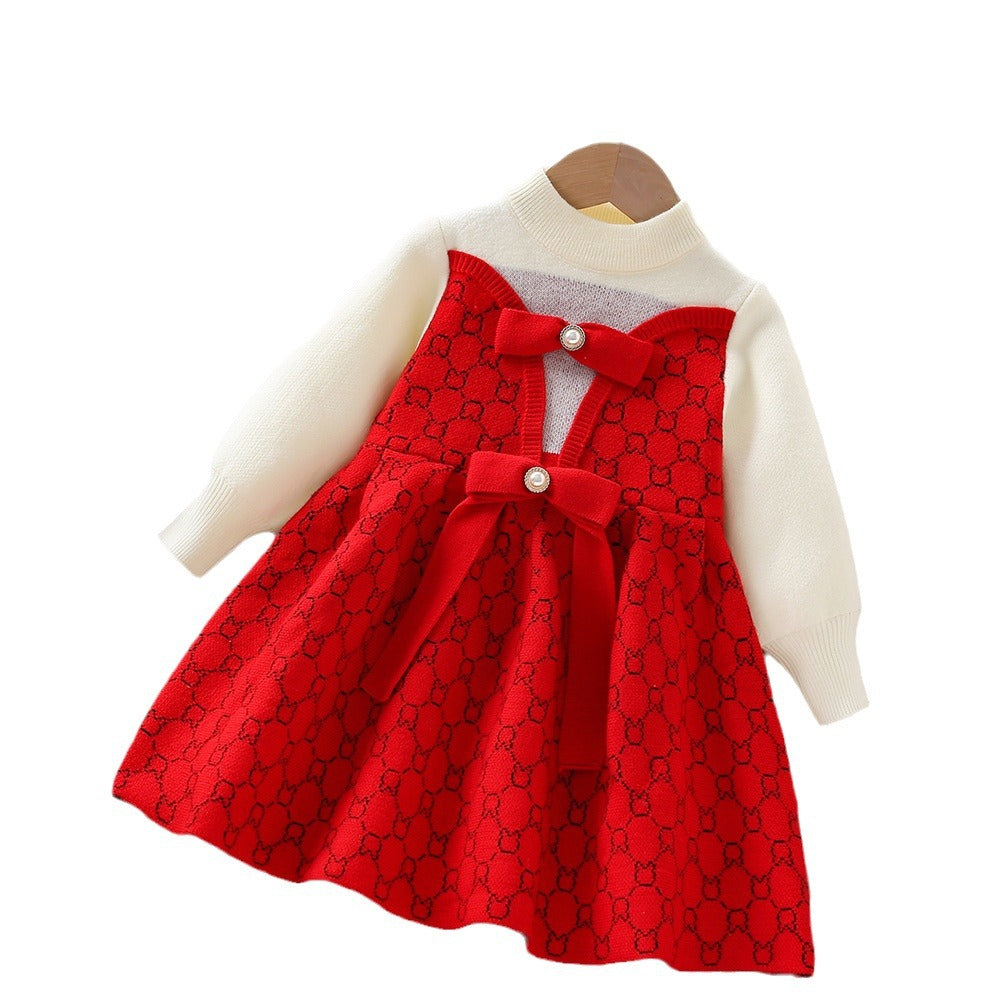 A girls sweater dress autumn and winter new little girl bow wool knitted long-sleeved pullover princess dress