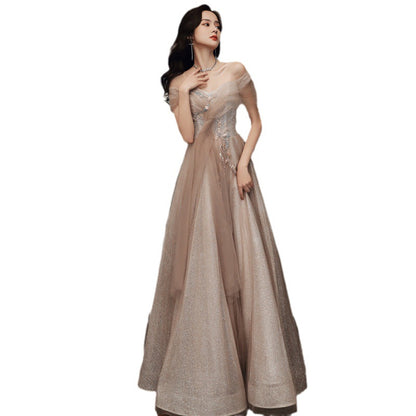 A one-word shoulder banquet evening dress women's 2024 spring new celebrity temperament dress aura queen annual meeting long