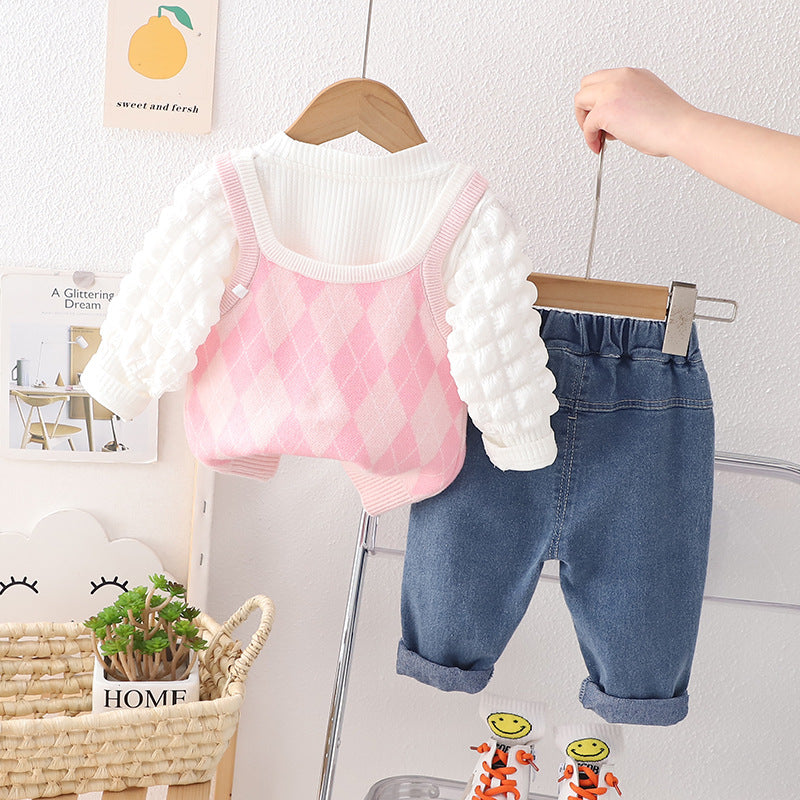 A children's set female flower cute sweet wind candy color sweater vest three-piece set new spring and autumn baby set