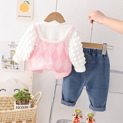 A children's set female flower cute sweet wind candy color sweater vest three-piece set new spring and autumn baby set