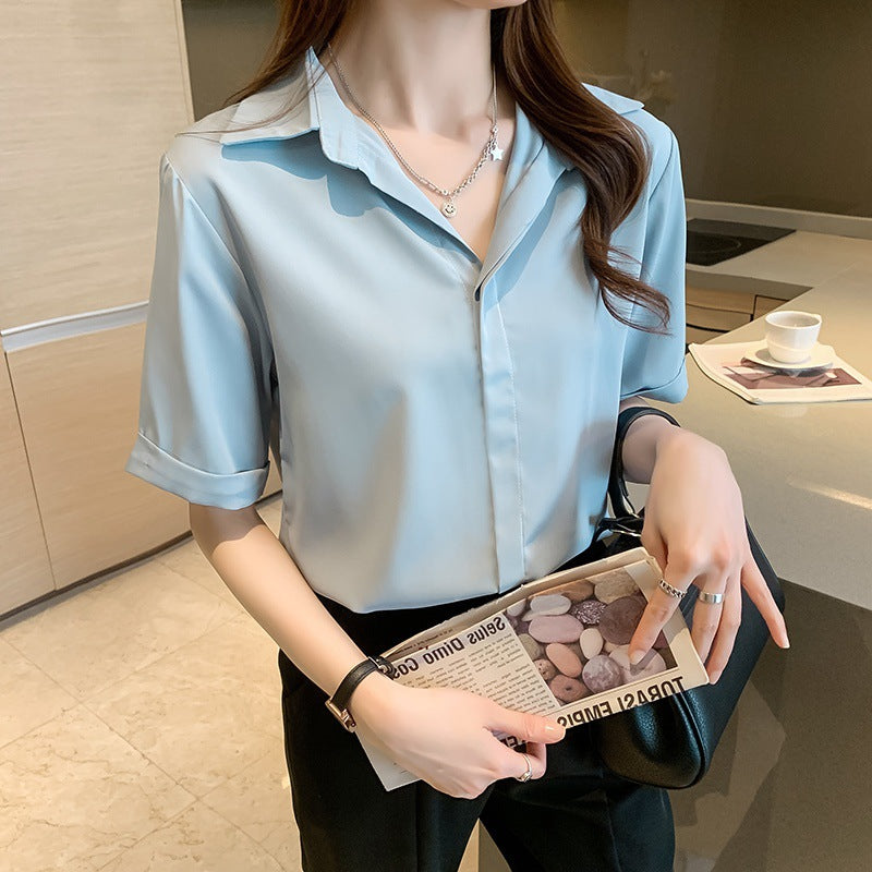 A short-sleeved semi-open neck chiffon shirt women's 2024 Korean version shirt design sense niche loose large size casual top summer