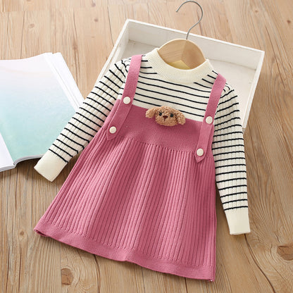 Vestido de niña Otoño e Invierno Falda de niña Falda de suéter de punto de dos piezas falsa para niños