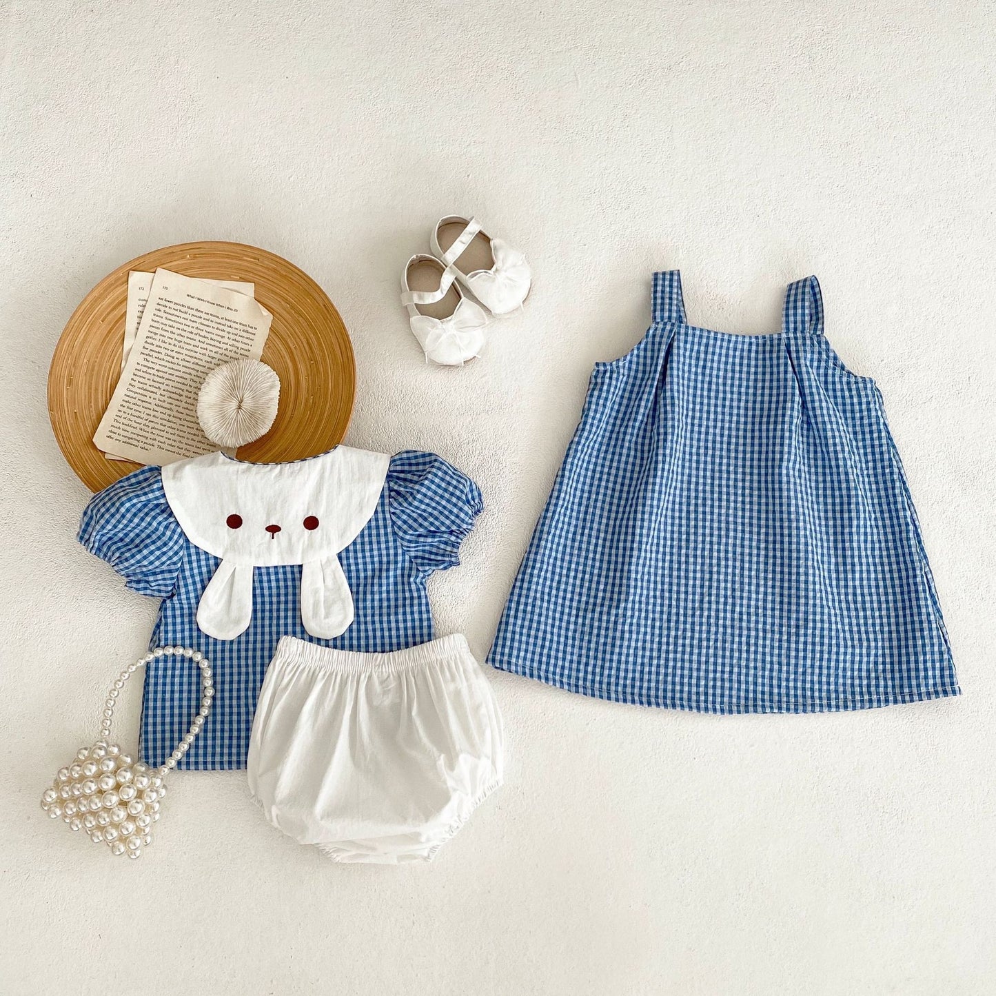 A ins2024 summer infant girl baby 0-3 years old rabbit cartoon suspender plaid A-line skirt dress