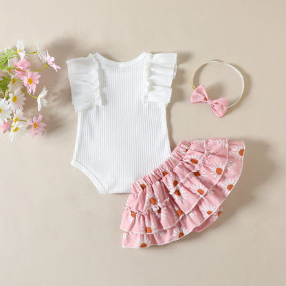 Children's summer baby girl set, 0-24M, baby ruffle edge sleeve jumpsuit, floral pants skirt, headband, 3-piece set, 0.2kg