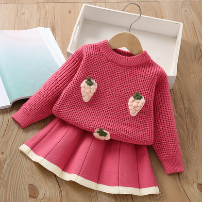 Conjunto de suéter para niñas 2023 otoño e invierno nuevo estilo versión coreana niña tridimensional fresa caramelo tejido conjunto de dos piezas 