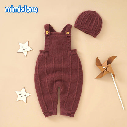 A ins hot spring and autumn new baby solid color suspender Romper + hat set climbing clothes