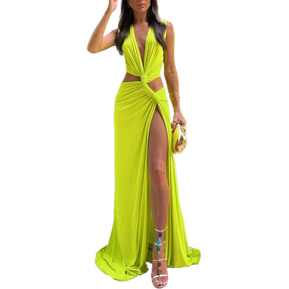 A 2024 European and American women's clothing summer Amazon new hollow knot slit V-neck sleeveless pleated irregular dress