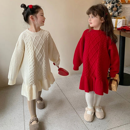 A girls Korean version of foreign style knitted wool skirt autumn and winter clothing new children's ruffle edge thickened princess dress