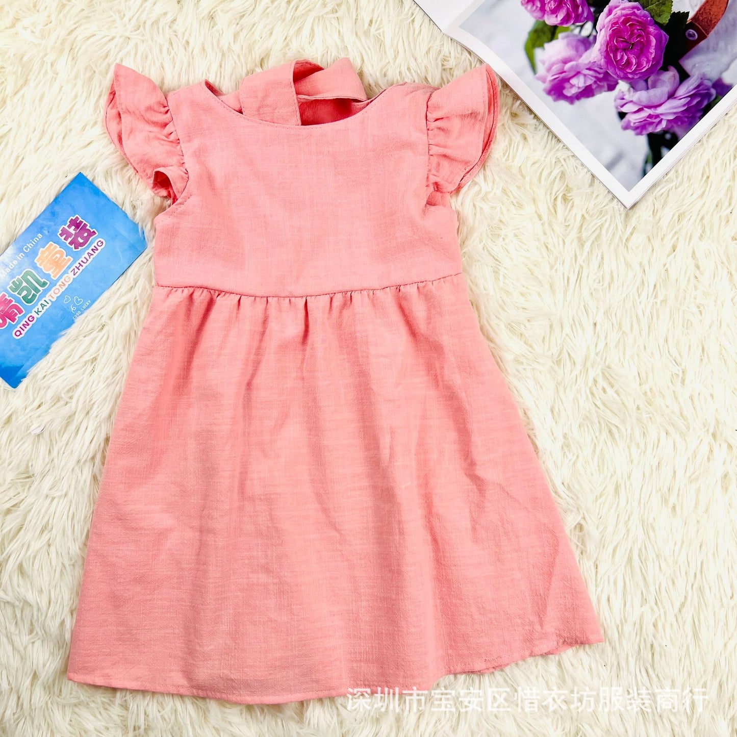 European and American style summer dress for girls, cotton and linen thin style for girls, flying sleeves, solid color backless skirt, 0.05kg