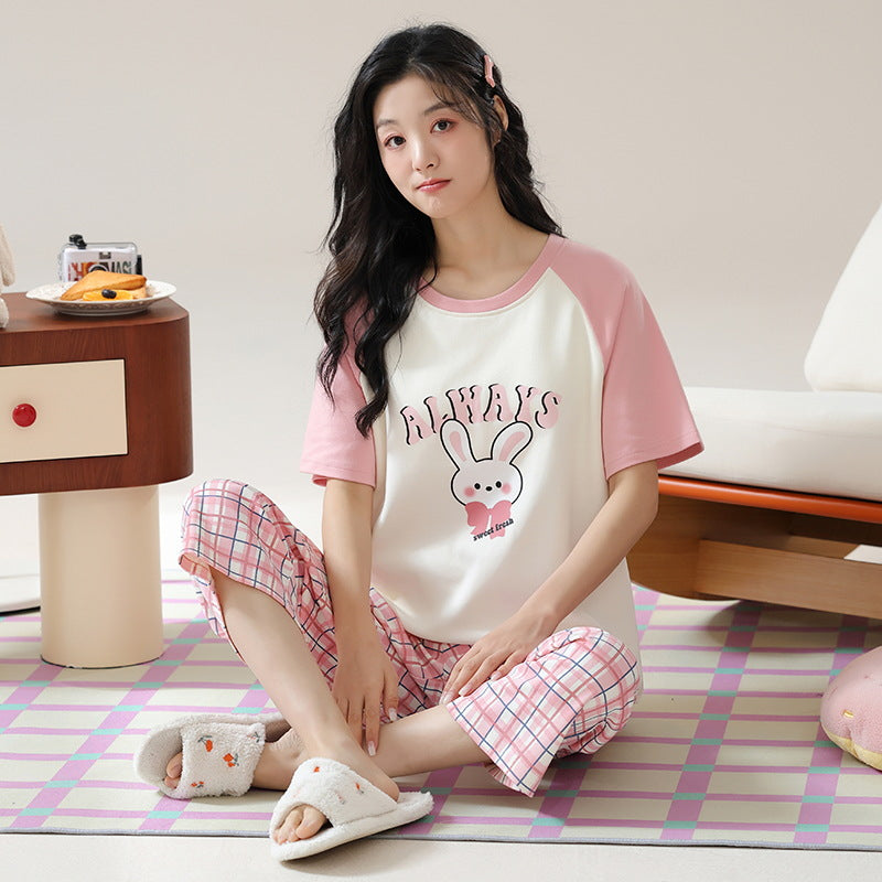 A pajamas women's summer cartoon pure cotton short-sleeved cropped pants casual loose round neck can be worn outside summer loungewear suit