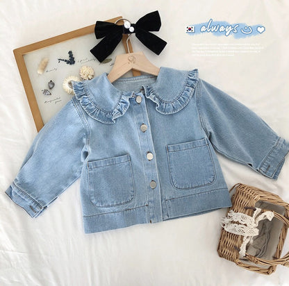 Girls' denim jacket spring outfit new children's long sleeved lace lapel short casual top 0.2kg